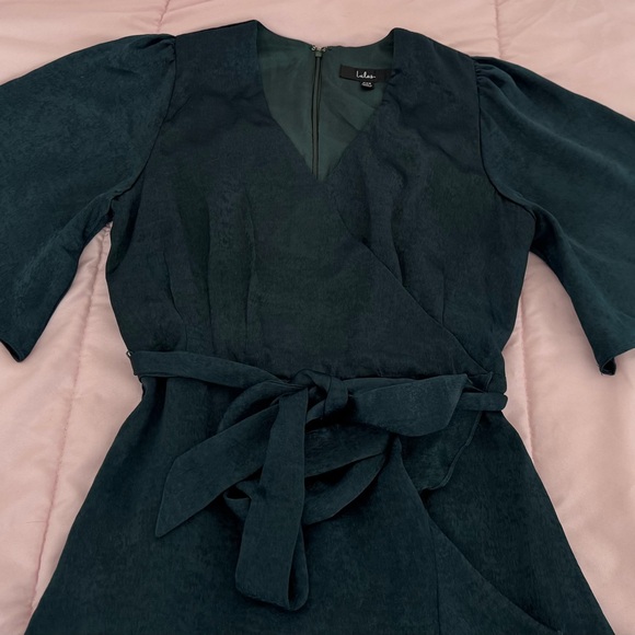 Lulus Wrapped Up in Love dark green faux wrap belted lined midi Dress, size XXS - Picture 16 of 16